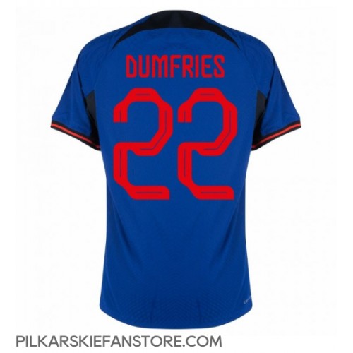 Tanie Strój piłkarski Holandia Denzel Dumfries #22 Koszulka Wyjazdowej MŚ 2022 Krótkie Rękawy